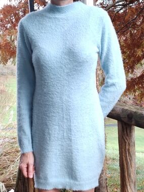 Light Blue Fuzzy Long Sleeve Knit Sweater Dress